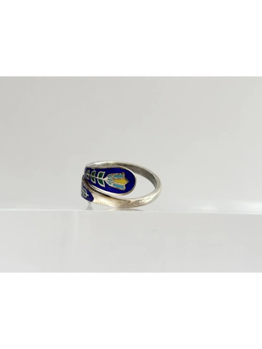Cloissone Enameled Floral Made Wrap Sterling Silver 925 Vintage Ring - sz 4
